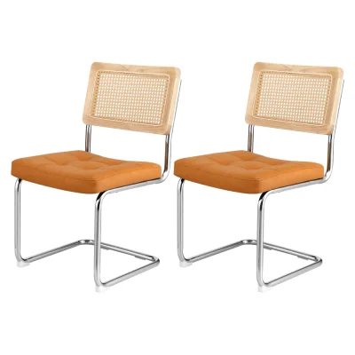 Artiss Cantilever Dining Chairs Set of 2 – Brown PU Leather, Rattan Backrest, Stainless Steel Frame, 48x48x84cm
