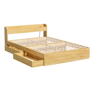 Artiss Aura Double Bed Frame with Storage Drawers, USB Charging Ports, Wood Finish, Sturdy Slats, 211x142cm