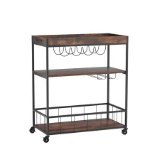 Artiss Kitchen Island Rolling Serving Cart, Metal & Oak, 78x40x90cm, Mobile Storage with Wine & Glass Racks