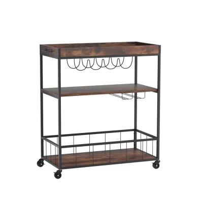 Artiss Kitchen Island Rolling Serving Cart, Metal & Oak, 78x40x90cm, Mobile Storage with Wine & Glass Racks