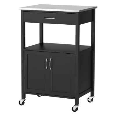 Artiss Kitchen Island Trolley 60cm Rolling Cart with Stainless Steel Top, Drawer, Cupboard, Black, Portable Storage