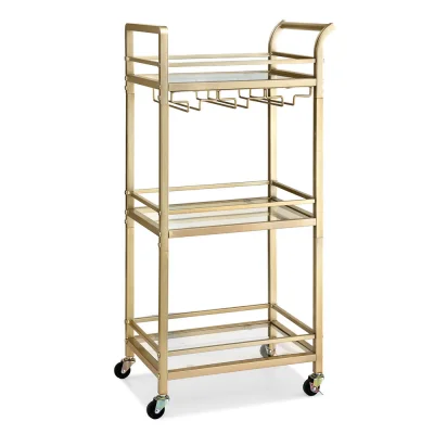 Artiss Gold Rolling Kitchen Island Cart with Wine Rack, 3-Tier Mirrored Glass Shelves, 43cm for Versatile Storage