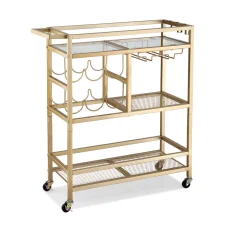 Artiss Gold Bar Cart 72cm - Elegant Drinks Trolley with Wine Rack, Glass Holder, Hooks, and Mirrored Glass Shelves