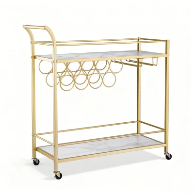 Artiss Marble Bar Cart - Gold Metal Frame, 85cm, Wine Rack & Glass Holder, Rolling Kitchen Island with Lockable Wheels