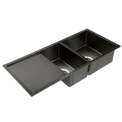 Cefito Kitchen Sink, Stainless Steel Double Bowl, 100x45cm, Black, Scratch-Proof, Anti-Bacterial, Easy Drainage Design