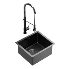 Cefito 51x45cm Stainless Steel Kitchen Sink with Pull-Out Mixer Tap, Single Bowl, Black, PVD Coated, R10 Corners