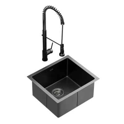 Cefito 51x45cm Stainless Steel Kitchen Sink with Pull-Out Mixer Tap, Single Bowl, Black, PVD Coated, R10 Corners Cefito 51x45cm Stainless Steel Kitchen Sink with Pull-Out Mixer Tap, Single Bowl, Black, PVD Coated, R10 Corners