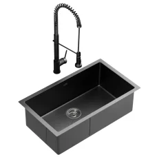 Cefito 70x45cm Stainless Steel Kitchen Sink Single Bowl Black with Pull Out Mixer Tap, R10 Corners, PVD Coating