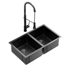 Cefito Stainless Steel Double Bowl Kitchen Sink 77x45CM with Pull Out Black Mixer Tap, R10 Corners, PVD Coated
