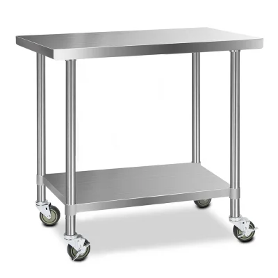 Cefito 1219x610mm Stainless Steel Kitchen Bench with Lockable Wheels, 304 Grade, Adjustable Shelf, Heavy-Duty Worktable