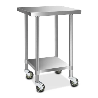 Cefito 610x610mm Stainless Steel Kitchen Bench with Wheels - Durable 430 Steel, Adjustable Shelves, Lockable Castors