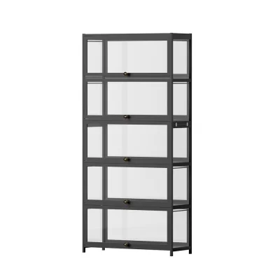 Artiss 5-Tier Black Display Cabinet Bookshelf with Bamboo Frame, Clear Acrylic Panels, and Magnetic Door Closure