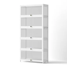 Artiss 5-Tier White Display Cabinet Bookshelf - Bamboo Frame, Acrylic Panels, 78.5x32x172cm, Magnetic Closure, Anti-Tip
