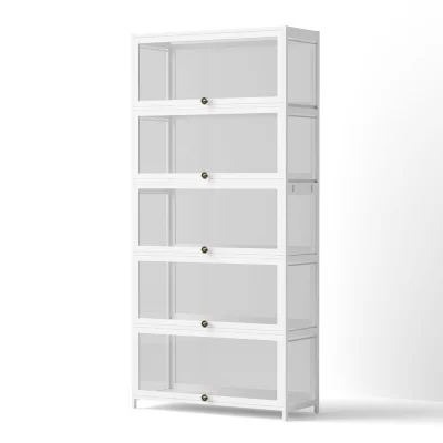 Artiss 5-Tier White Display Cabinet Bookshelf - Bamboo Frame, Acrylic Panels, 78.5x32x172cm, Magnetic Closure, Anti-Tip