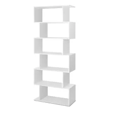 Artiss RIVA White 6-Tier S-Shape Bookshelf - Versatile Display, Sturdy Particle Board, 80x23.5x192cm, Easy Assembly