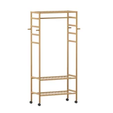Artiss 169cm Bamboo Clothes Rack Wardrobe Coat Stand with Hanging Rail, Side Hooks, and 360° Lockable Wheels