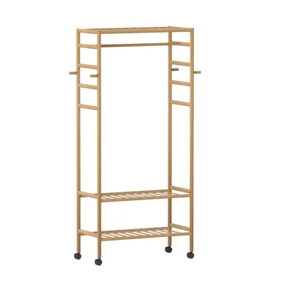 Artiss 169cm Bamboo Clothes Rack Wardrobe Coat Stand with Hanging Rail, Side Hooks, and 360° Lockable Wheels