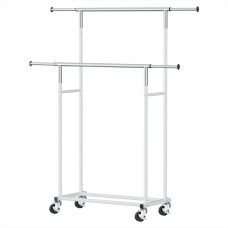 Artiss Heavy Duty Double Rod Clothes Rack, Adjustable Metal Coat Stand with Wheels, Collapsible, 78–136cm, Silver
