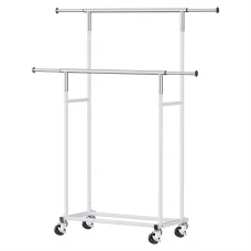 Artiss Heavy Duty Double Rod Clothes Rack, Adjustable Metal Coat Stand with Wheels, Collapsible, 78–136cm, Silver