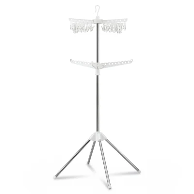 Artiss 2-Tier Foldable Clothes Rack Airer - 360° Rotatable Hanger, 27 Holes, 24 Clips, Stainless Steel, 64x64