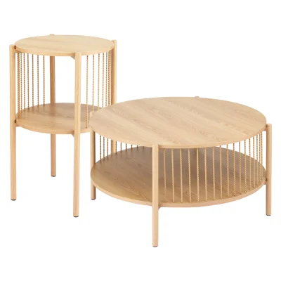 Artiss 2-Tier Round Coffee Table Set of 2 - Pine MDF & Metal, Rustic Design, 15mm E1 Grade, Easy-Clean, 74cm/ Artiss 2-Tier Round Coffee Table Set of 2 - Pine MDF & Metal, Rustic Design, 15mm E1 Grade, Easy-Clean, 74cm/