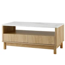 Artiss Coffee Table with Marble Effect Top, Fluted Drawer Panel, Wood & White, 90x45cm, Pine Legs, 2 Drawers, Shelf