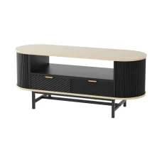 Artiss Coffee Table with Drawers and Shelf, 110cm Wood and Black, Fluted Design, MDF, Metal Handles, Modern Style