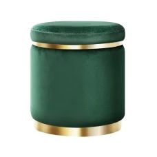 Artiss Velvet Ottoman Foot Stool - Round Green, Tufted Seat, Gold Ring Accents, 40x40x45cm, 120kg Capacity, No Assembly