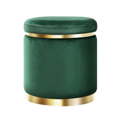 Artiss Velvet Ottoman Foot Stool - Round Green, Tufted Seat, Gold Ring Accents, 40x40x45cm, 120kg Capacity, No Assembly