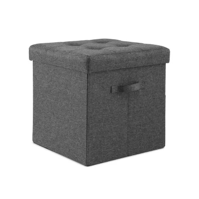 Artiss Foldable Storage Ottoman Footstool - Grey Faux Linen, 40x40cm, Hidden Storage, 300kg Capacity, Easy Assembly