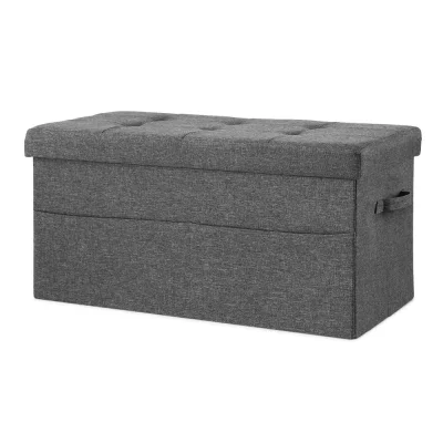 Artiss Foldable Storage Ottoman Footstool - Faux Linen Fabric, 76x38cm, Hidden Storage, 300kg Capacity, Grey