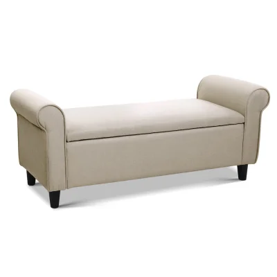Artiss 125cm Taupe Linen Storage Ottoman: Elegant Seating, Ample Storage, Solid Wood Build, Lift-Up Lid, Armrests