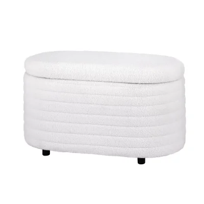 Artiss Storage Ottoman Blanket Box 87cm Bouclé Fabric Oval, White, Padded Seat, Hinged Lid, Bedroom Organiser