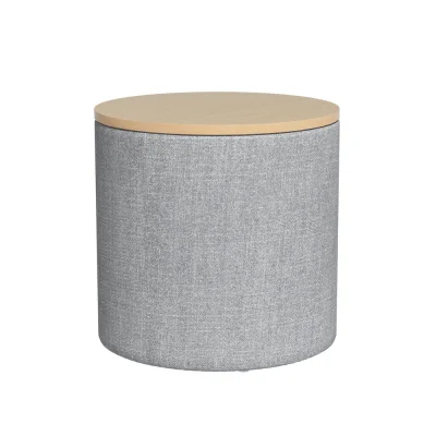 Artiss 40cm Grey Round Storage Ottoman - Faux Linen, MDF Frame, Concealed Space, 150kg Capacity, No Assembly