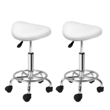 Artiss 2x Salon Stool Saddle Swivel Chair - White, PU Leather, Adjustable Height, 360° Rotatable, Chrome Base