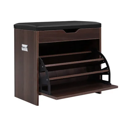 Artiss 3-Tier Shoe Rack Cabinet Bench, Walnut Finish, Holds 15 Pairs, PU Leather Seat, 57x30x53cm, Easy Assembly