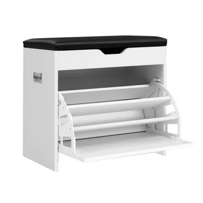 Artiss 3-Tier Shoe Rack Cabinet Bench - White PU Leather Seat, Holds 15 Pairs, Particle Board, 57x30x53cm, Easy Assembly