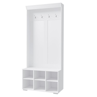 Artiss Max Hall Tree: 180cm White Shoe Rack Cabinet with Coat Hooks, Bench, Curved Edges, and Anti-Tipping Design Artiss Max Hall Tree: 180cm White Shoe Rack Cabinet with Coat Hooks, Bench, Curved Edges, and Anti-Tipping Design