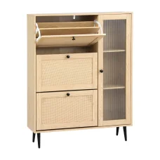 Artiss Shoe Rack Cabinet Pine 3 Flip-out Drawers, 3 Shelves, Fluted Glass & Faux Rattan Door, 99x24x125cm, Metal Legs
