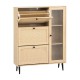 Artiss Shoe Rack Cabinet Pine 3 Flip-out Drawers, 3 Shelves, Fluted Glass & Faux Rattan Door, 99x24x125cm, Metal Legs