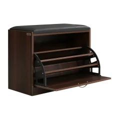 Artiss Kyla Walnut Shoe Rack Cabinet Bench, 2-in-1 Storage for 15 Pairs, Stylish PU Leather Seat, Easy Assembly