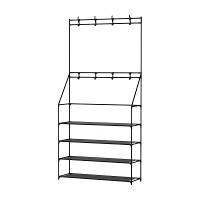 Artiss Shoe Rack Hall Tree, Metal, 176x29x80cm, Black - 3-in-1 Organiser for 16 Pairs, Coats & Accessories