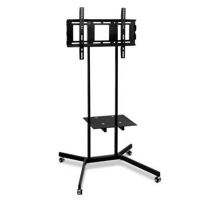Artiss Mobile TV Stand for 32"-65" TVs, Adjustable Height, Tempered Glass Shelf, Black Steel, Lockable Wheels