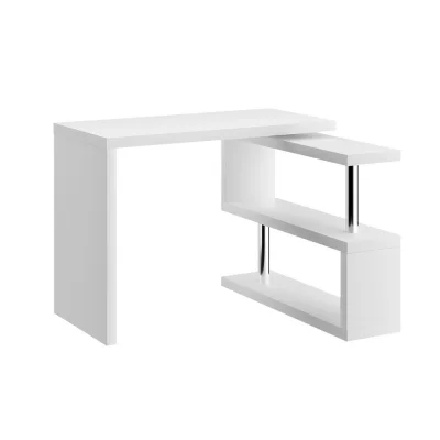 Artiss L-Shape White Computer Desk with Bookshelf - 360° Rotatable Shelf, Chrome Support, Durable Melamine Finish