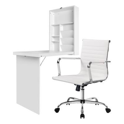 Artiss Foldable Computer Desk and PU Leather Office Chair Set, Wall Mounted, White, Adjustable Height, Space Saving Artiss Foldable Computer Desk and PU Leather Office Chair Set, Wall Mounted, White, Adjustable Height, Space Saving