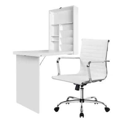 Artiss Foldable Computer Desk and PU Leather Office Chair Set, Wall Mounted, White, Adjustable Height, Space Saving
