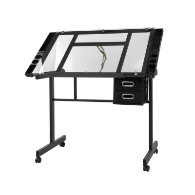Artiss Black Drafting Table: Adjustable Tempered Glass Desk with Storage Trays, Drawers, and Locking Castors