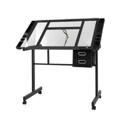 Artiss Black Drafting Table: Adjustable Tempered Glass Desk with Storage Trays, Drawers, and Locking Castors