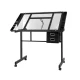 Artiss Black Drafting Table: Adjustable Tempered Glass Desk with Storage Trays, Drawers, and Locking Castors