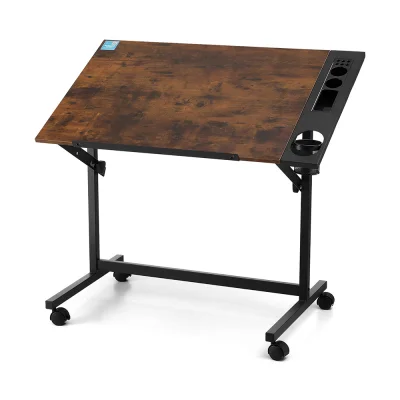 Artiss Rustic Brown Drafting Table - Adjustable MDF Art Desk with Removable Tray, 100x60cm - Multi-Functional & Portable